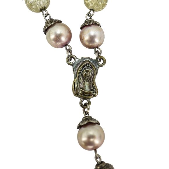 Vintage Large Display Ceremonial Ornate Rosary Faux Pearl & Crackle Glass Beads - Picture 6 of 10